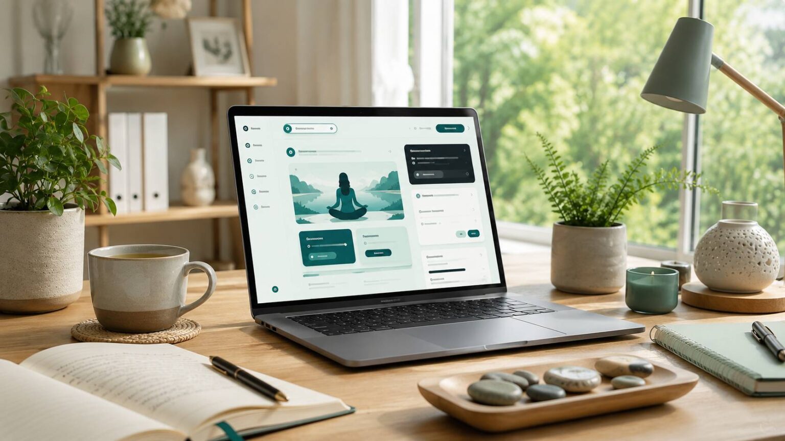 Rustige werkplek met laptop voor een platform over coaching, balans en welzijn.