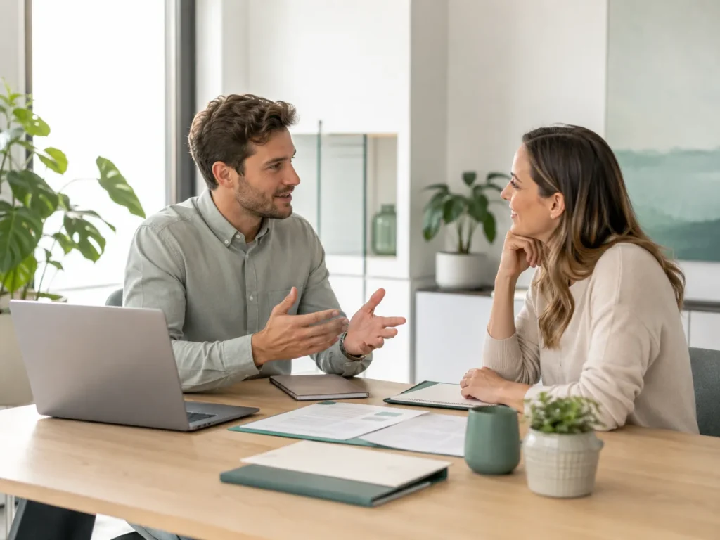 Twee professionals in gesprek aan een bureau over vragen, antwoorden en persoonlijk advies bij Pro Balanza