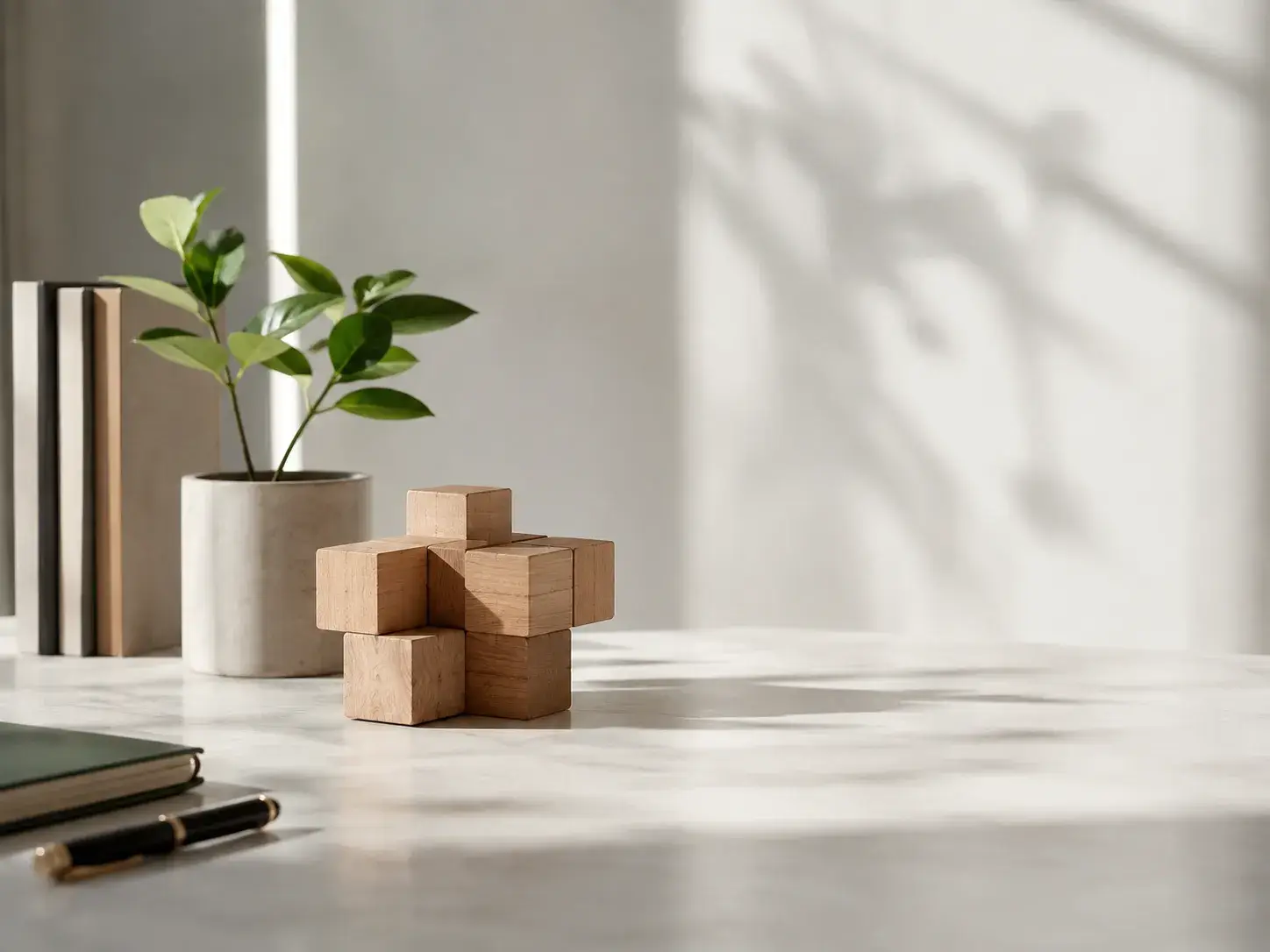 Minimalistische compositie met houten blokken als symbool voor partnerschap, samenwerking en balans