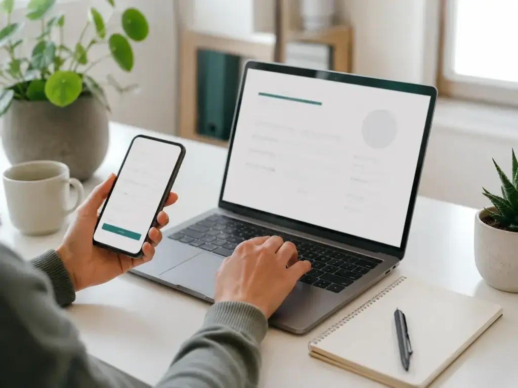 Persoon registreert zich online via laptop en smartphone bij Pro Balanza
