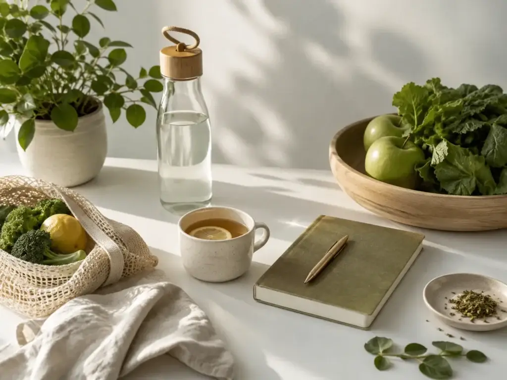 Duurzame en gezonde leefstijl met notitieboek, water, groenten en herbruikbare producten als inspiratie voor Pro Balanza