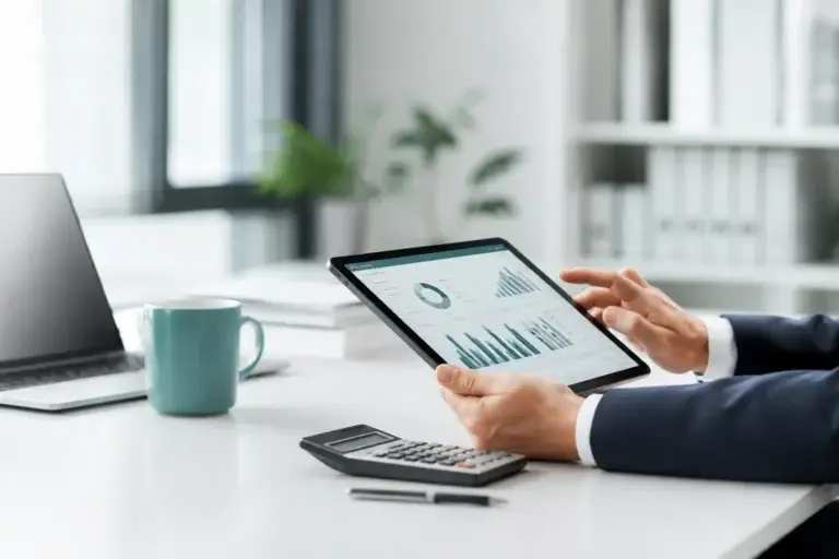 Professional analyseert gegevens op een tablet voor betrouwbare informatie en bewuste keuzes