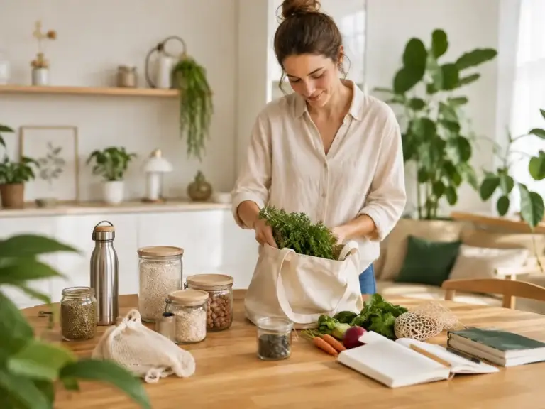 Vrouw maakt bewuste en duurzame keuzes in huis met herbruikbare producten, verse voeding en natuurlijke materialen